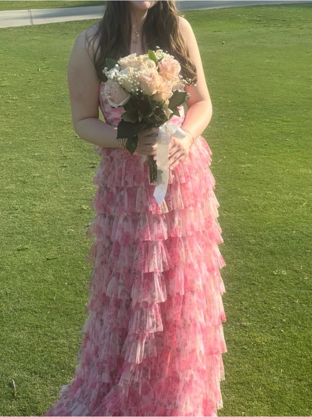 Pink Tiered Ruffle Floral Prom Dress